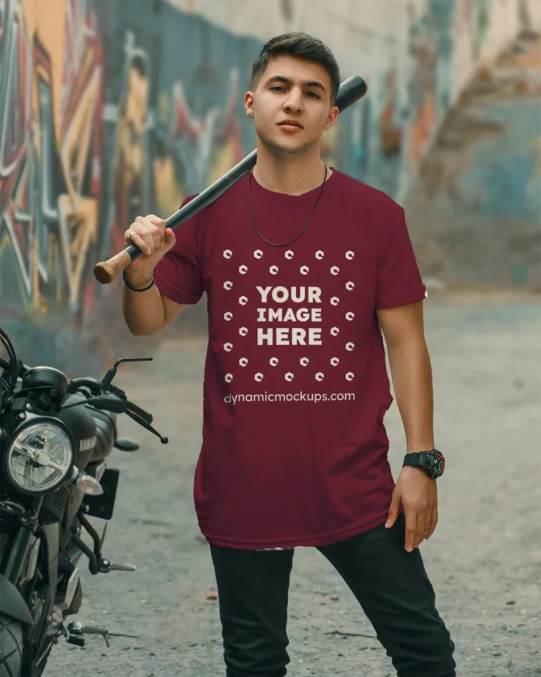 Man Wearing Maroon T-shirt Mockup Front View Template