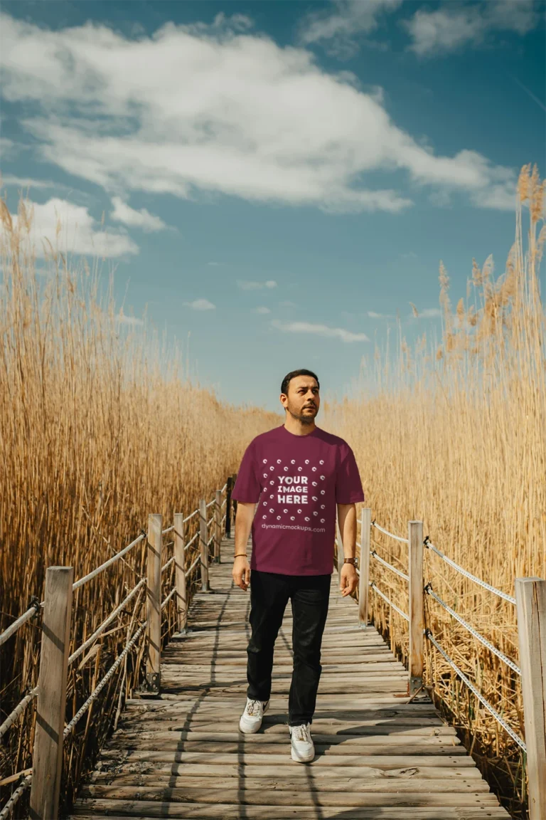 Man Wearing Maroon T-shirt Mockup Front View Template