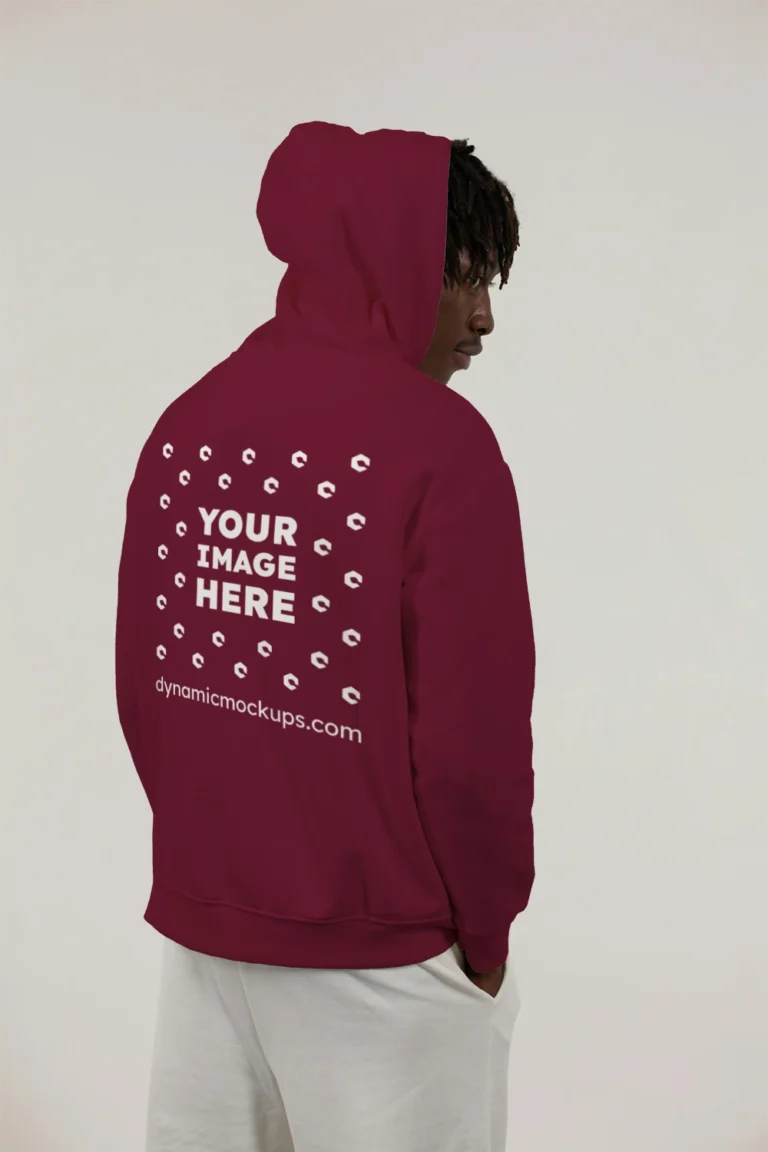 Man Wearing Maroon Hoodie Mockup Back View Template
