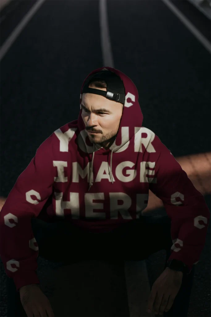 Man Wearing Maroon Hoodie Mockup Front View Template