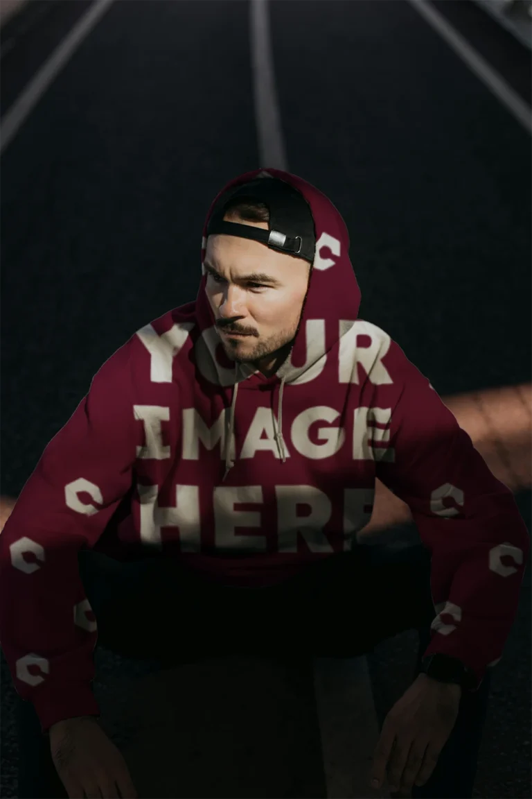Man Wearing Maroon Hoodie Mockup Front View Template