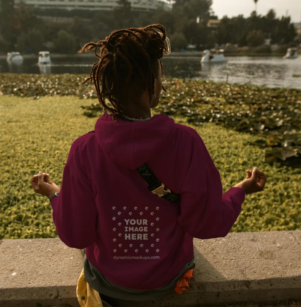 Man Wearing Maroon Hoodie Mockup Back View Template