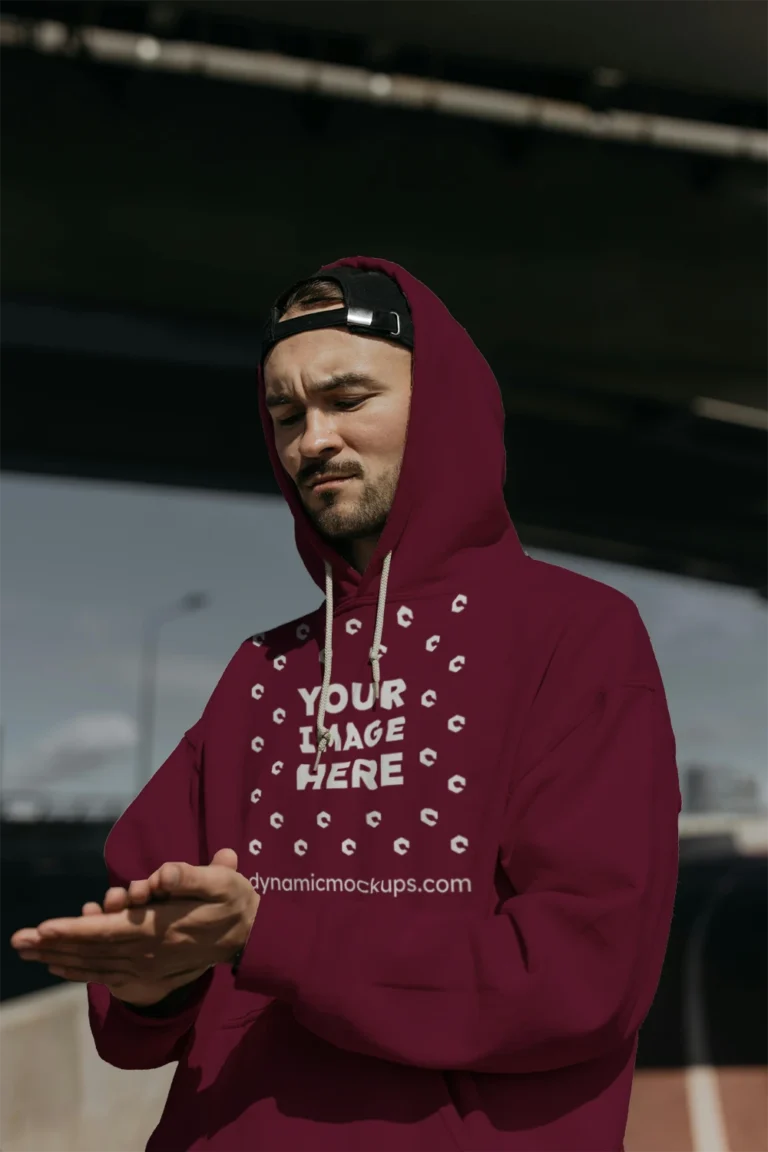 Man Wearing Maroon Hoodie Mockup Front View Template