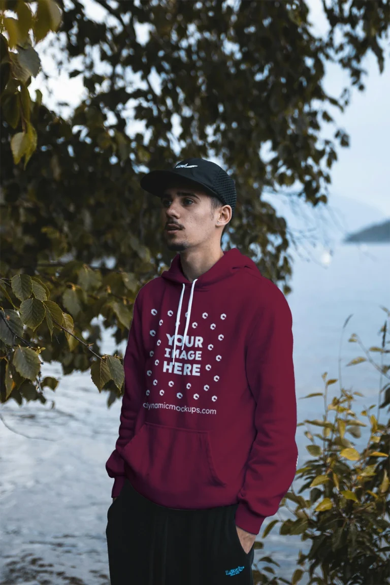 Man Wearing Maroon Hoodie Mockup Front View Template