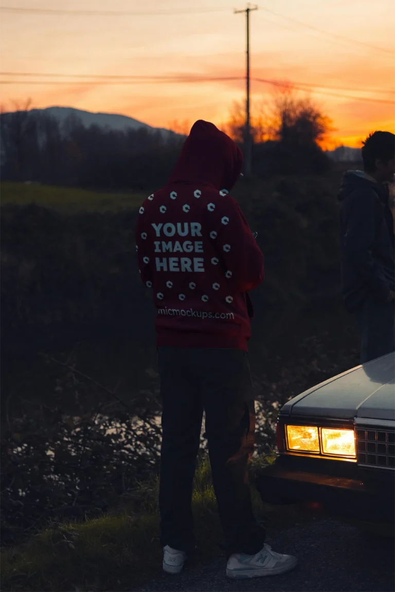 Man Wearing Maroon Hoodie Mockup Back View Template