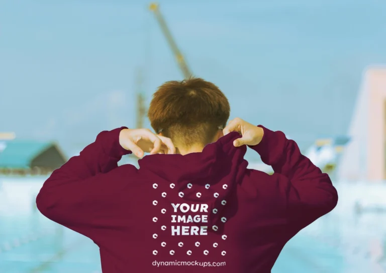 Man Wearing Maroon Hoodie Mockup Back View Template
