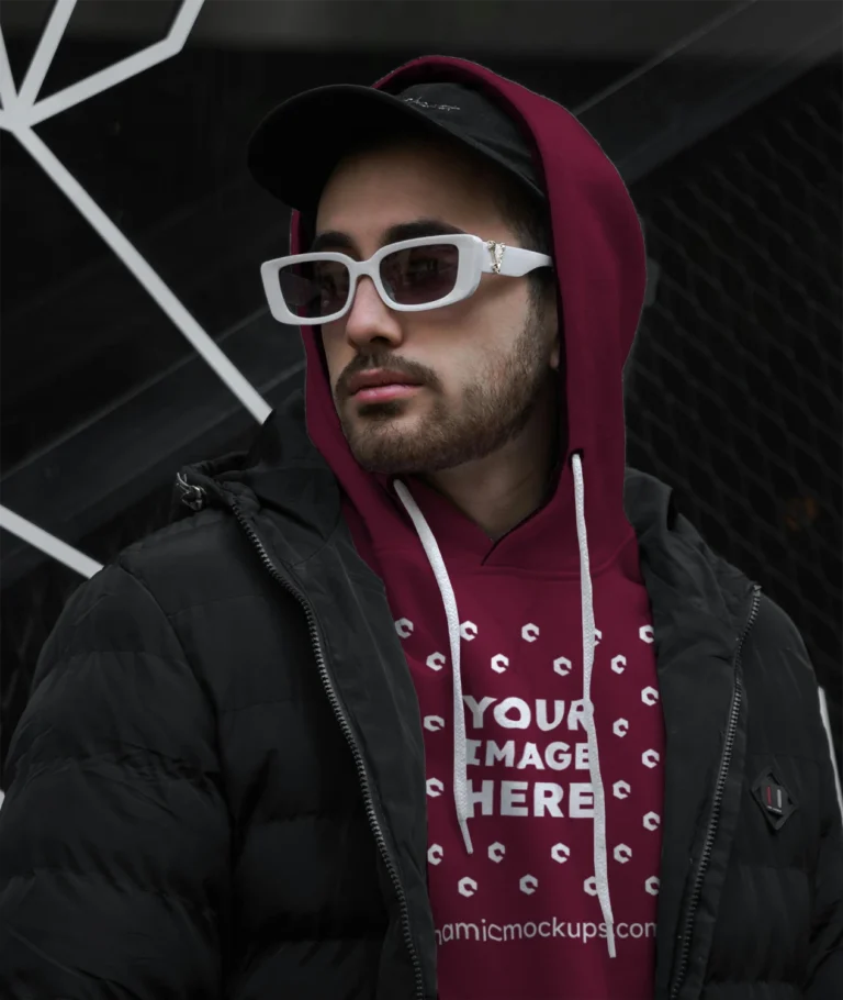 Man Wearing Maroon Hoodie Mockup Front View Template