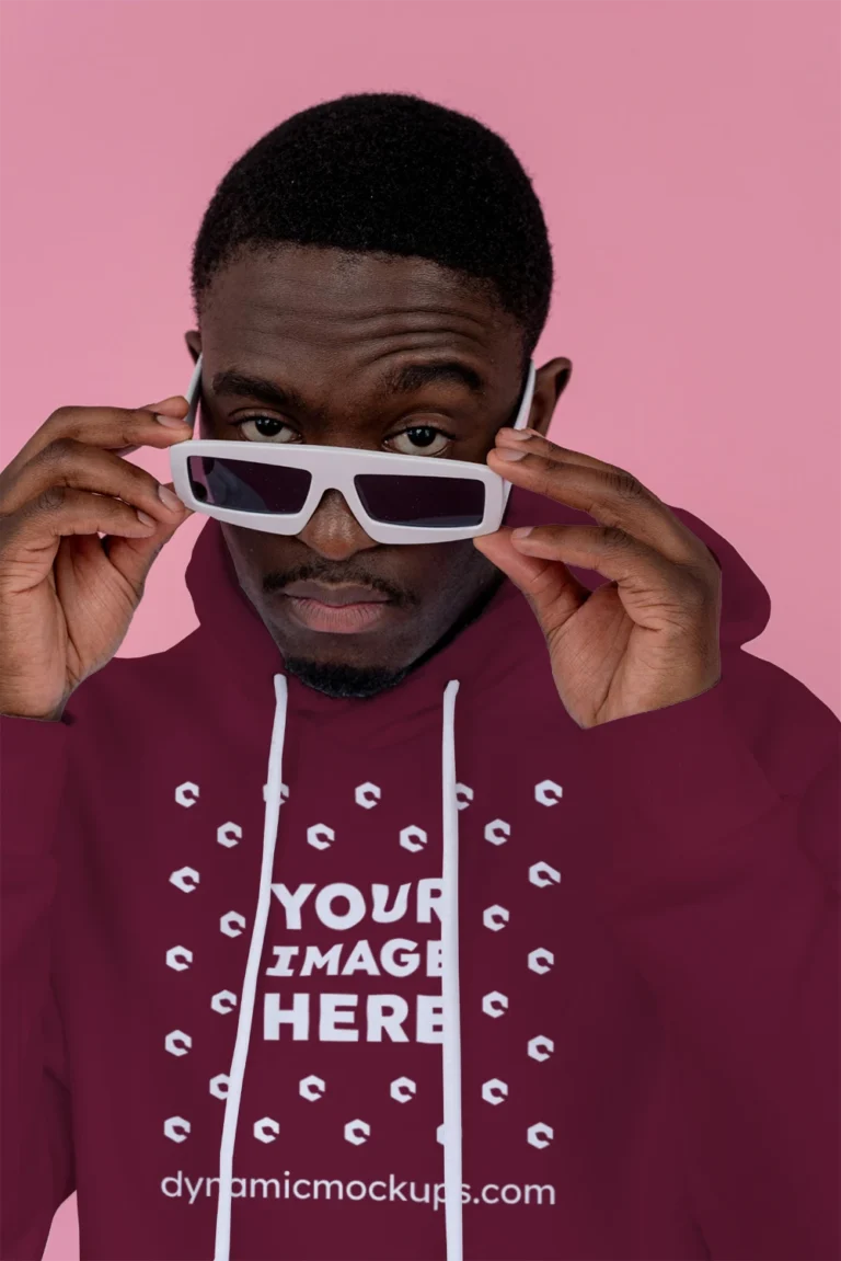 Man Wearing Maroon Hoodie Mockup Front View Template
