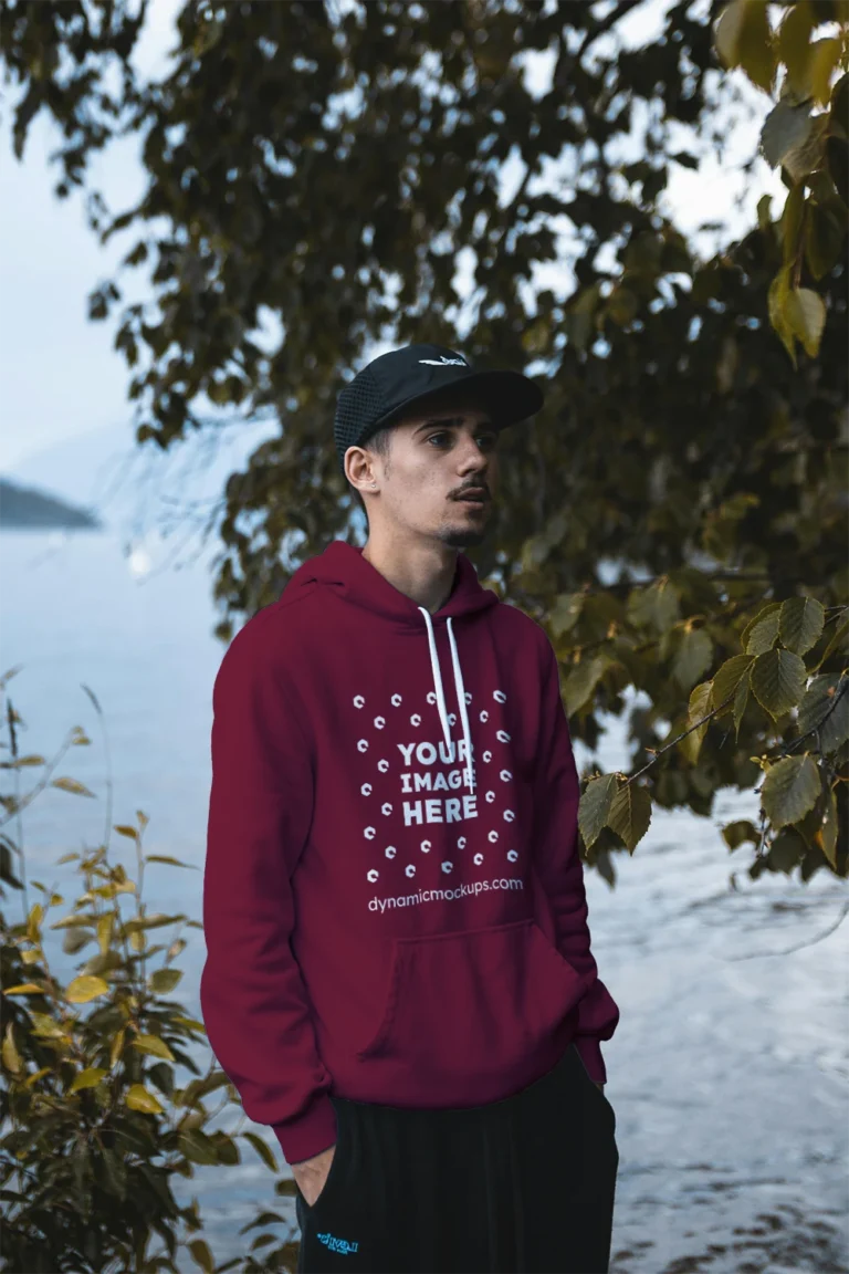 Man Wearing Maroon Hoodie Mockup Front View Template