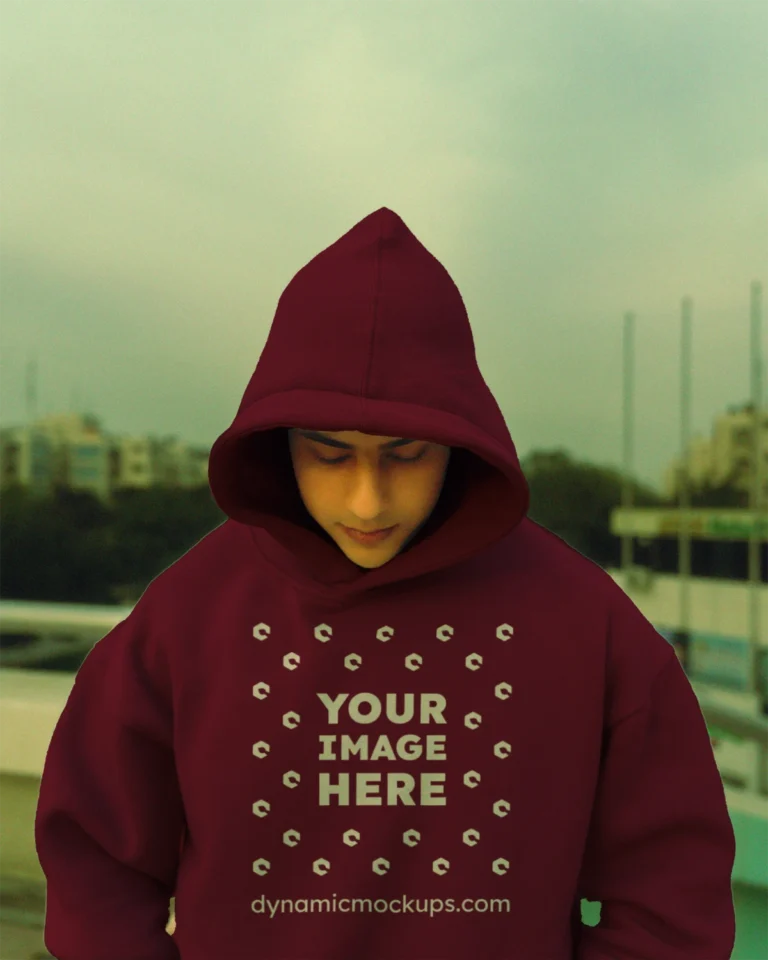 Man Wearing Maroon Hoodie Mockup Front View Template