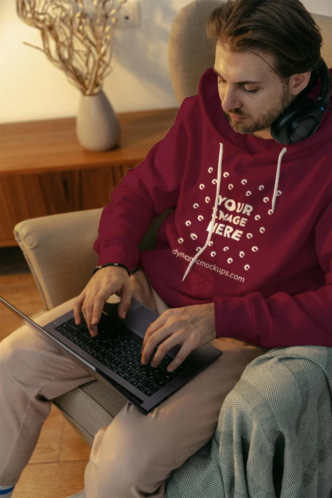 Man Wearing Maroon Hoodie Mockup Front View Template