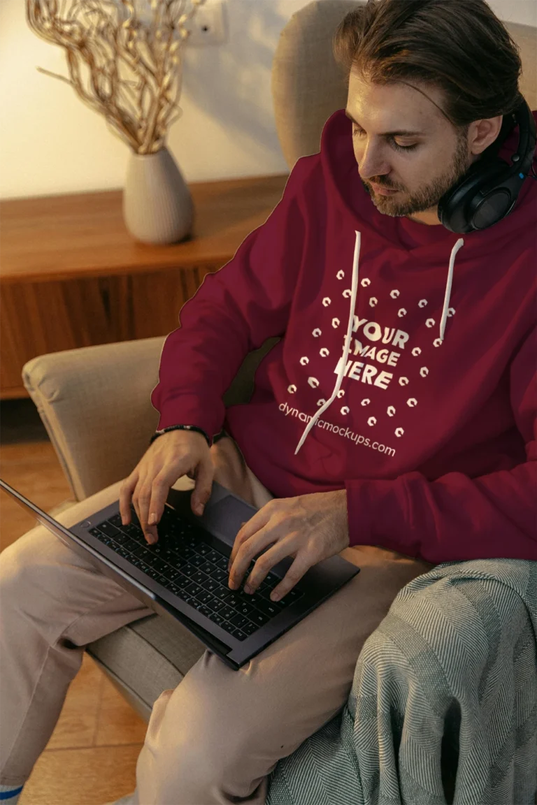 Man Wearing Maroon Hoodie Mockup Front View Template