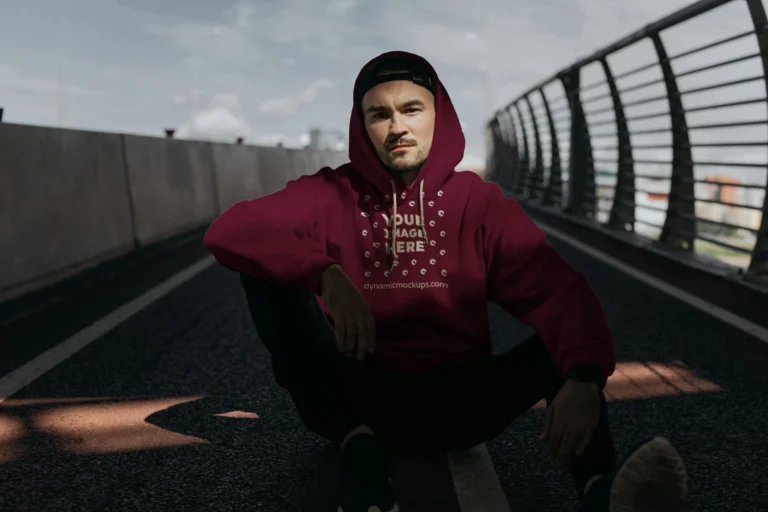 Man Wearing Maroon Hoodie Mockup Front View Template