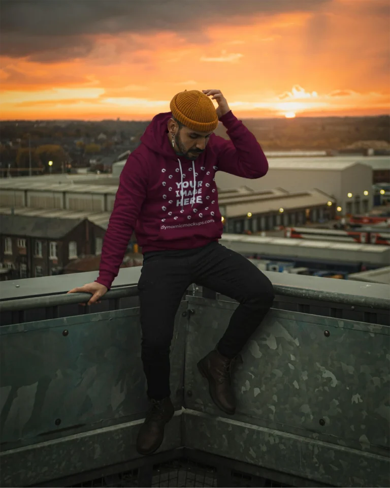 Man Wearing Maroon Hoodie Mockup Front View Template