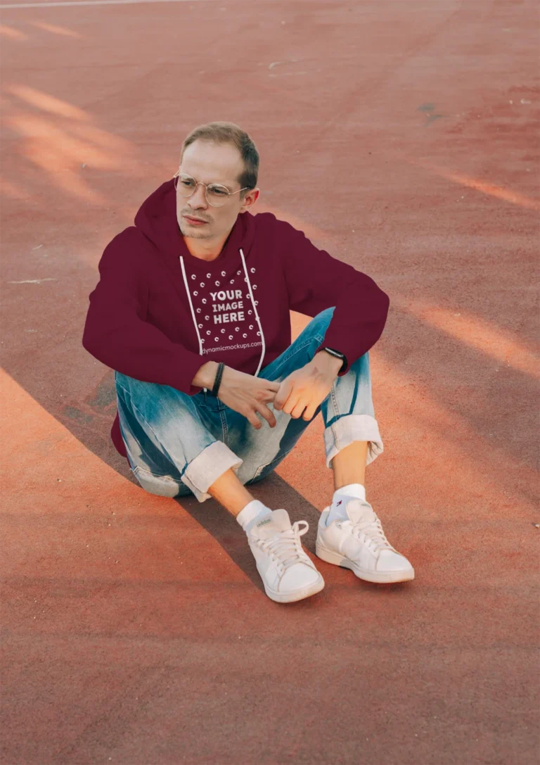 Man Wearing Maroon Hoodie Mockup Front View Template