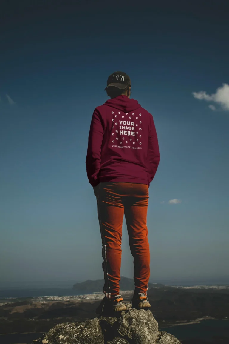 Man Wearing Maroon Hoodie Mockup Back View Template