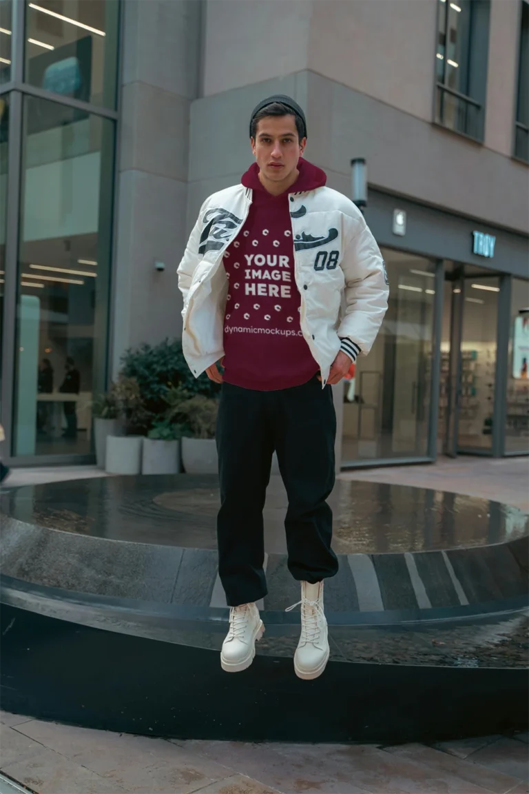 Man Wearing Maroon Hoodie Mockup Front View Template