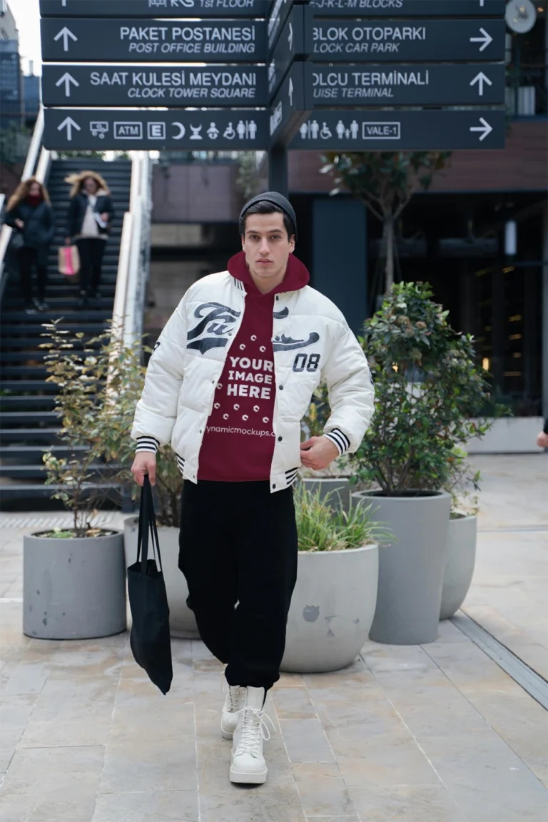 Man Wearing Maroon Hoodie Mockup Front View Template