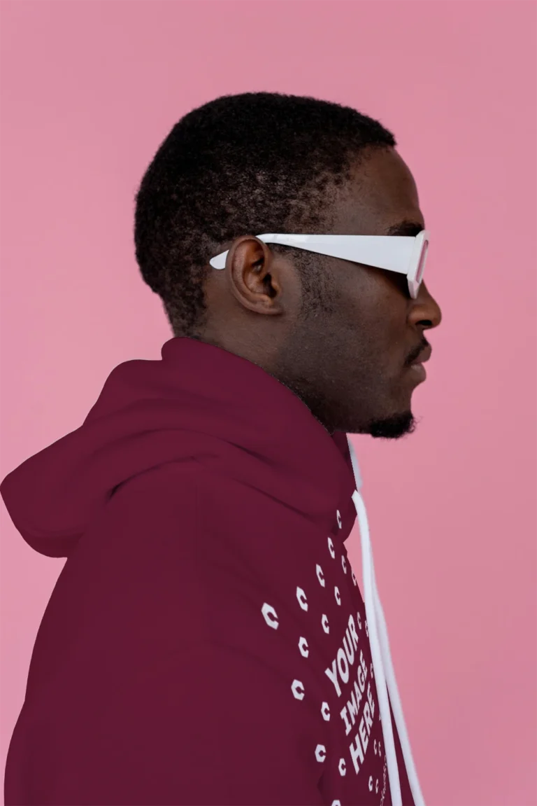Man Wearing Maroon Hoodie Mockup Side View Template