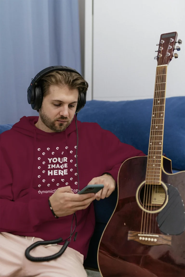 Man Wearing Maroon Hoodie Mockup Front View Template
