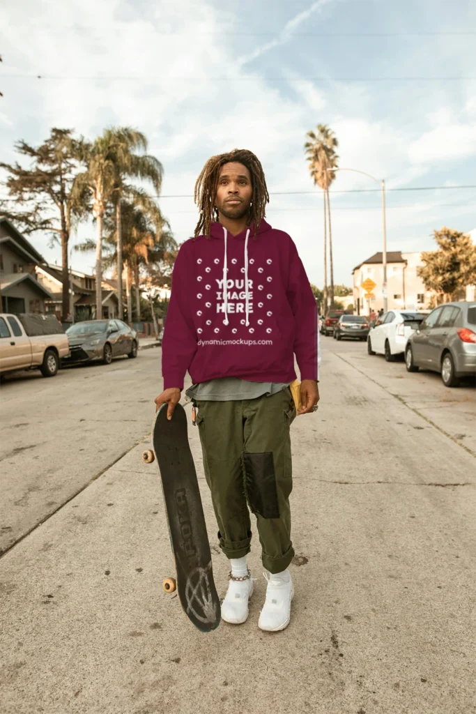Man Wearing Maroon Hoodie Mockup Front View Template
