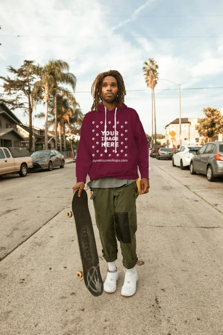 Man Wearing Maroon Hoodie Mockup Front View Template