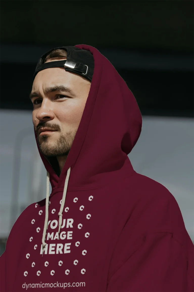 Man Wearing Maroon Hoodie Mockup Front View Template
