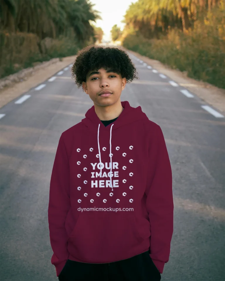 Man Wearing Maroon Hoodie Mockup Front View Template