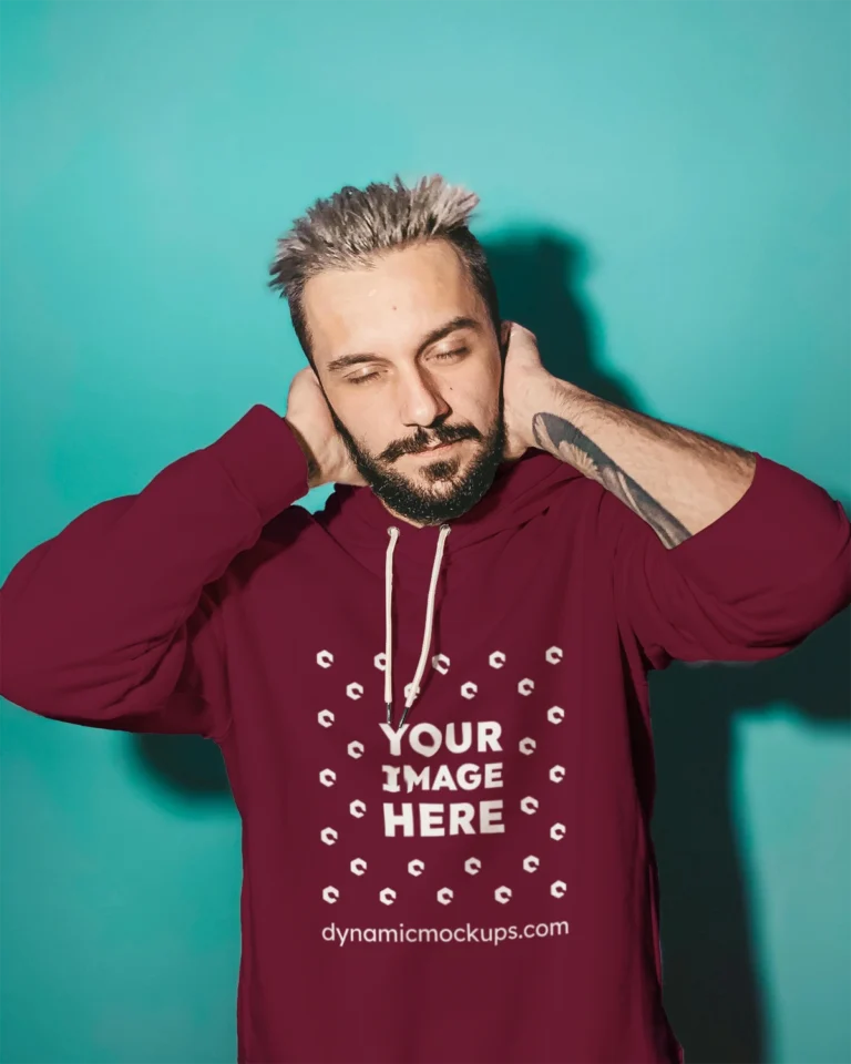 Man Wearing Maroon Hoodie Mockup Front View Template