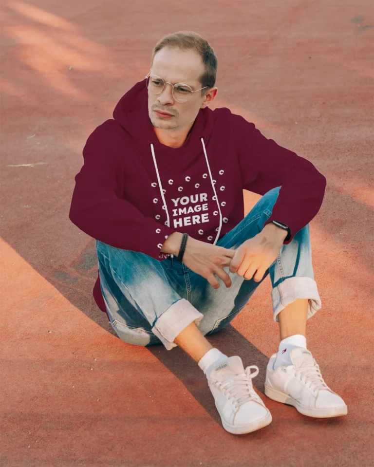 Man Wearing Maroon Hoodie Mockup Front View Template