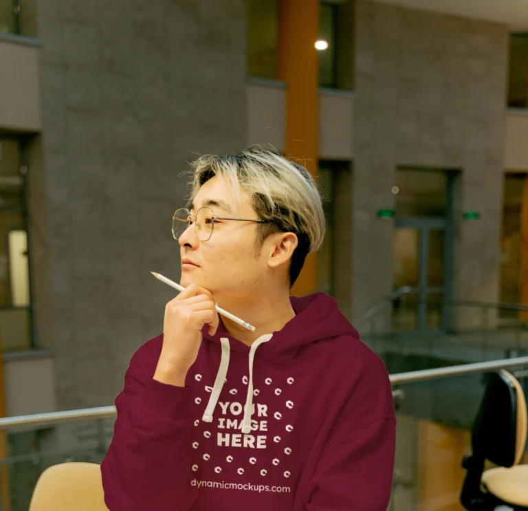 Man Wearing Maroon Hoodie Mockup Front View Template