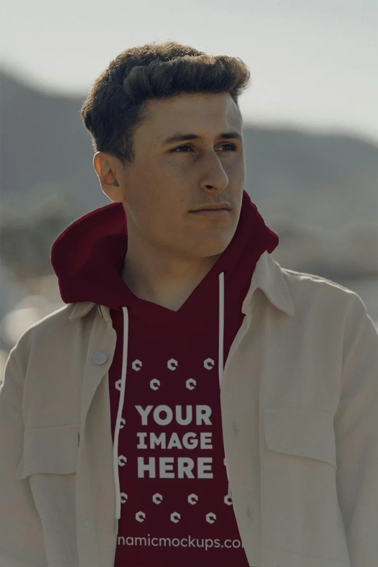 Man Wearing Maroon Hoodie Mockup Front View Template