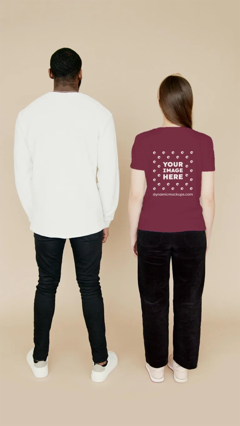 Man Wearing Maroon T-shirt Mockup Back View Template