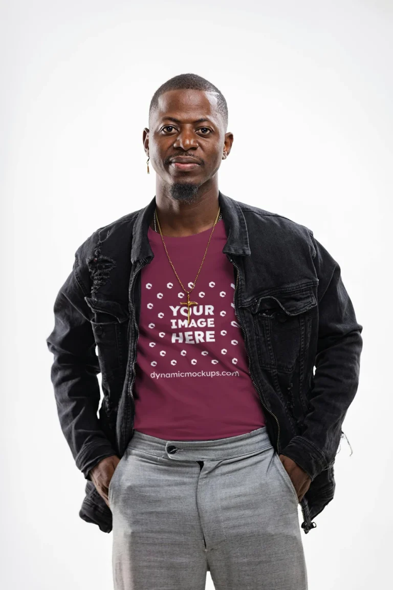Man Wearing Maroon T-shirt Mockup Front View Template