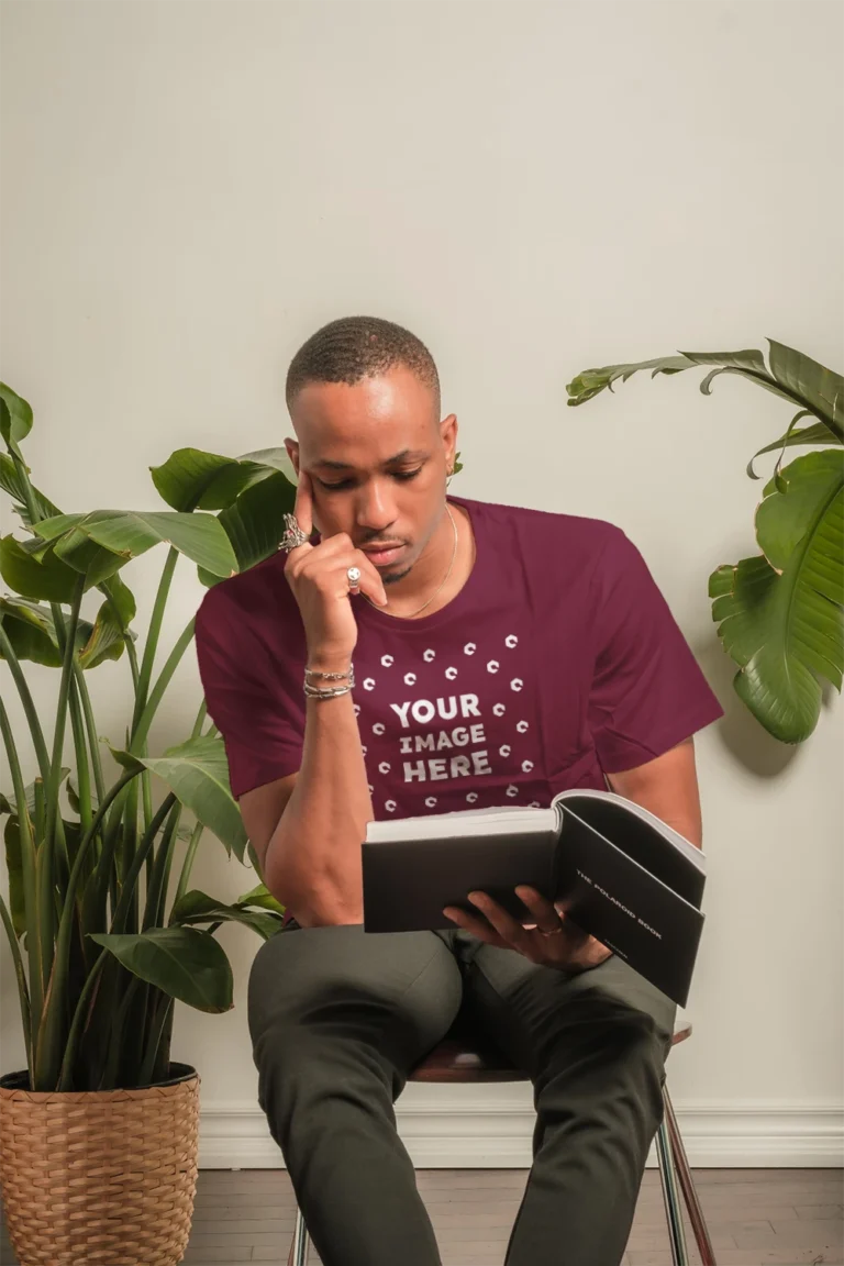 Man Wearing Maroon T-shirt Mockup Front View Template