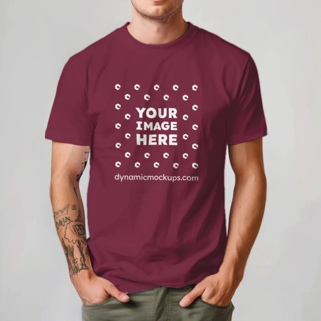 Man Wearing Maroon T-shirt Mockup Front View Template