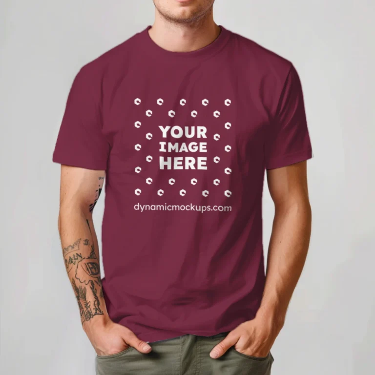 Man Wearing Maroon T-shirt Mockup Front View Template