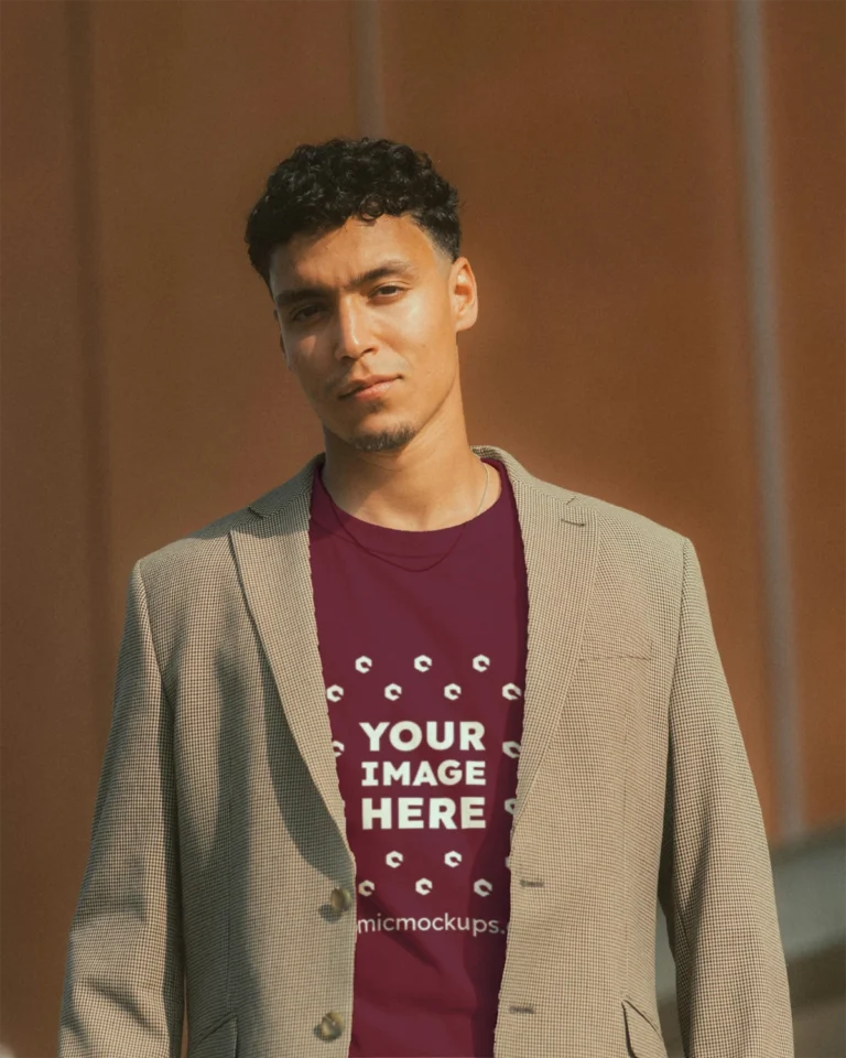 Man Wearing Maroon T-shirt Mockup Front View Template