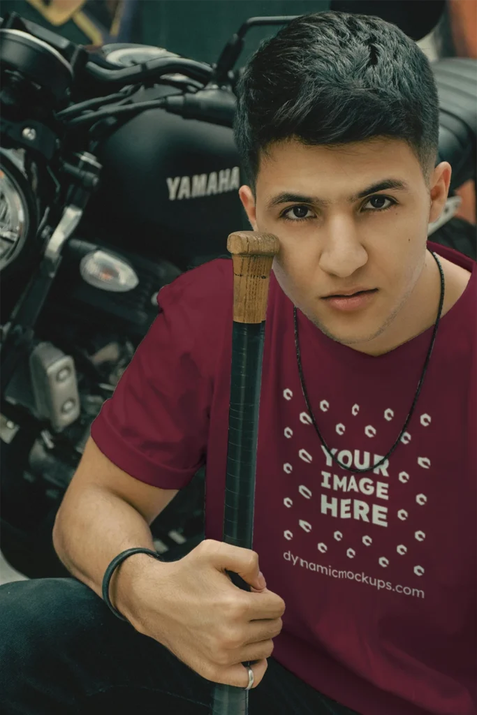 Man Wearing Maroon T-shirt Mockup Front View Template