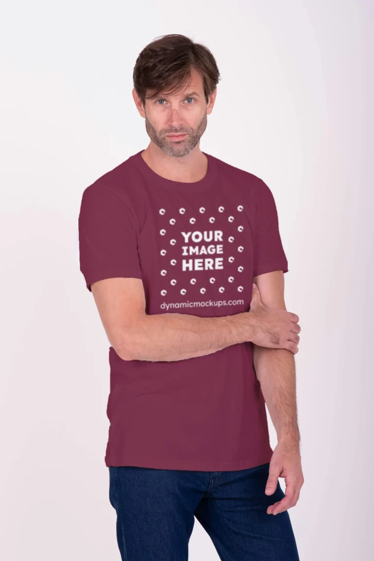 Man Wearing Maroon T-shirt Mockup Front View Template