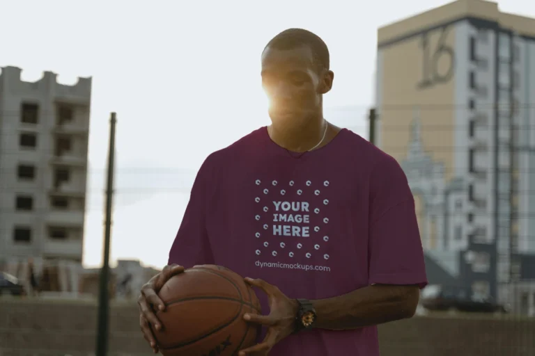 Man Wearing Maroon T-shirt Mockup Front View Template