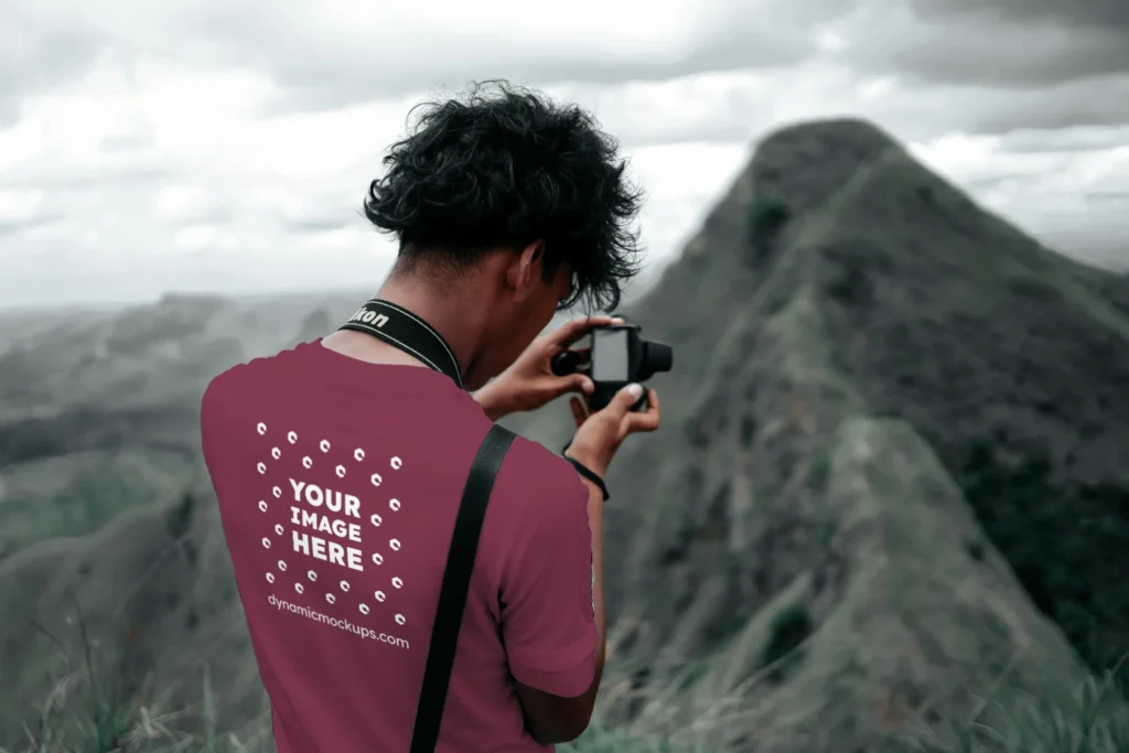 Man Wearing Maroon T-shirt Mockup Back View Template