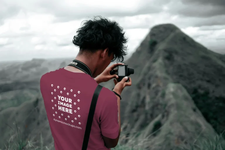 Man Wearing Maroon T-shirt Mockup Back View Template