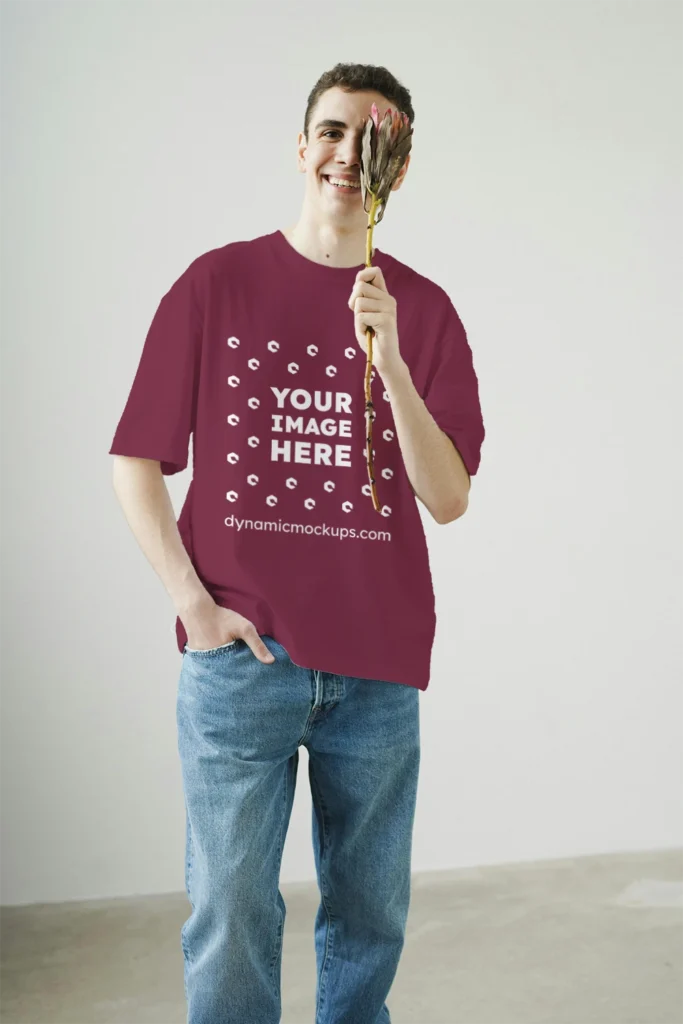 Man Wearing Maroon T-shirt Mockup Front View Template
