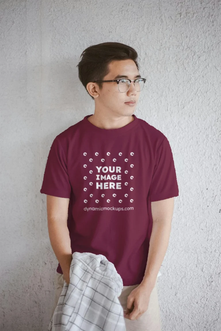 Man Wearing Maroon T-shirt Mockup Front View Template