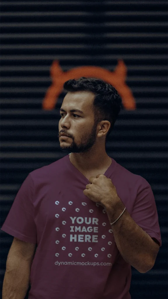 Man Wearing Maroon T-shirt Mockup Front View Template
