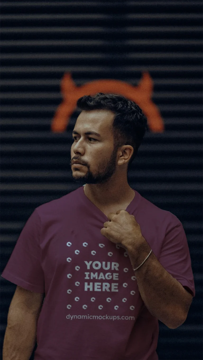 Man Wearing Maroon T-shirt Mockup Front View Template