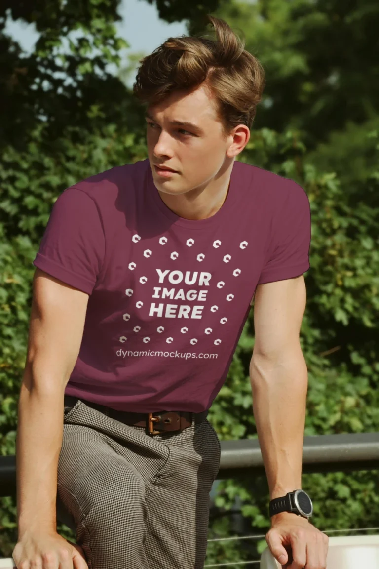 Man Wearing Maroon T-shirt Mockup Front View Template