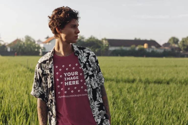 Man Wearing Maroon T-shirt Mockup Front View Template