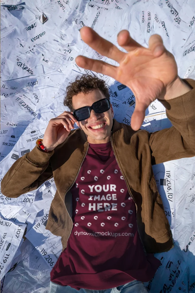 Man Wearing Maroon T-shirt Mockup Front View Template